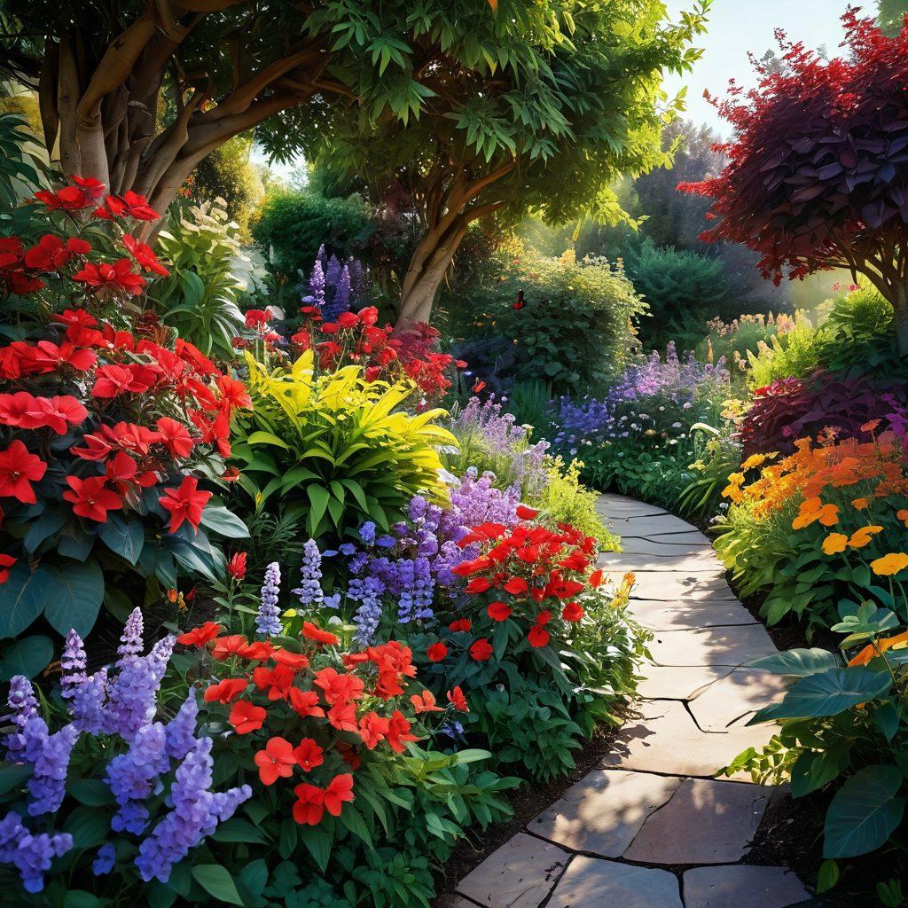A lush garden filled with various stunning flowers in full bloom, showcasing vibrant colors like reds, yellows, and purples. A gentle breeze rustles the petals, and soft sunlight filters through the leaves, creating a magical atmosphere. Include butterflies fluttering around and a winding path leading through the blossoms. super-realistic. vibrant colors. soft focus.