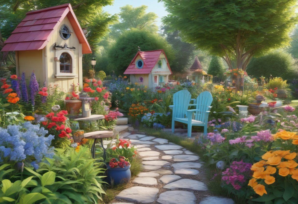 A lush garden scene bursting with vibrant flowers in a variety of colors, artfully arranged alongside charming garden decor elements like whimsical birdhouses, decorative pots, and twinkling fairy lights. The sunlight filters through leaves, creating a magical atmosphere. A cozy seating area invites relaxation and enjoyment of nature's beauty. super-realistic. vibrant colors. 3D.