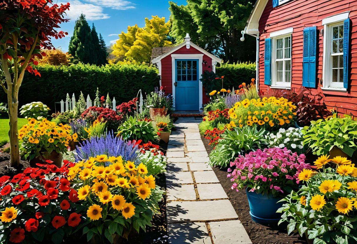 A lush garden scene showcasing a variety of blooming flowers, with a knowledgeable gardener tending to the plants under a bright blue sky. Include seasonal elements like spring blossoms, summer sunflowers, autumn leaves, and winter snow. Surround the gardener with gardening tools, pots, and a vibrant assortment of plants, while emphasizing growth and health. Nature's vibrant colors must pop, creating an inviting atmosphere. super-realistic. vibrant colors. bright background.